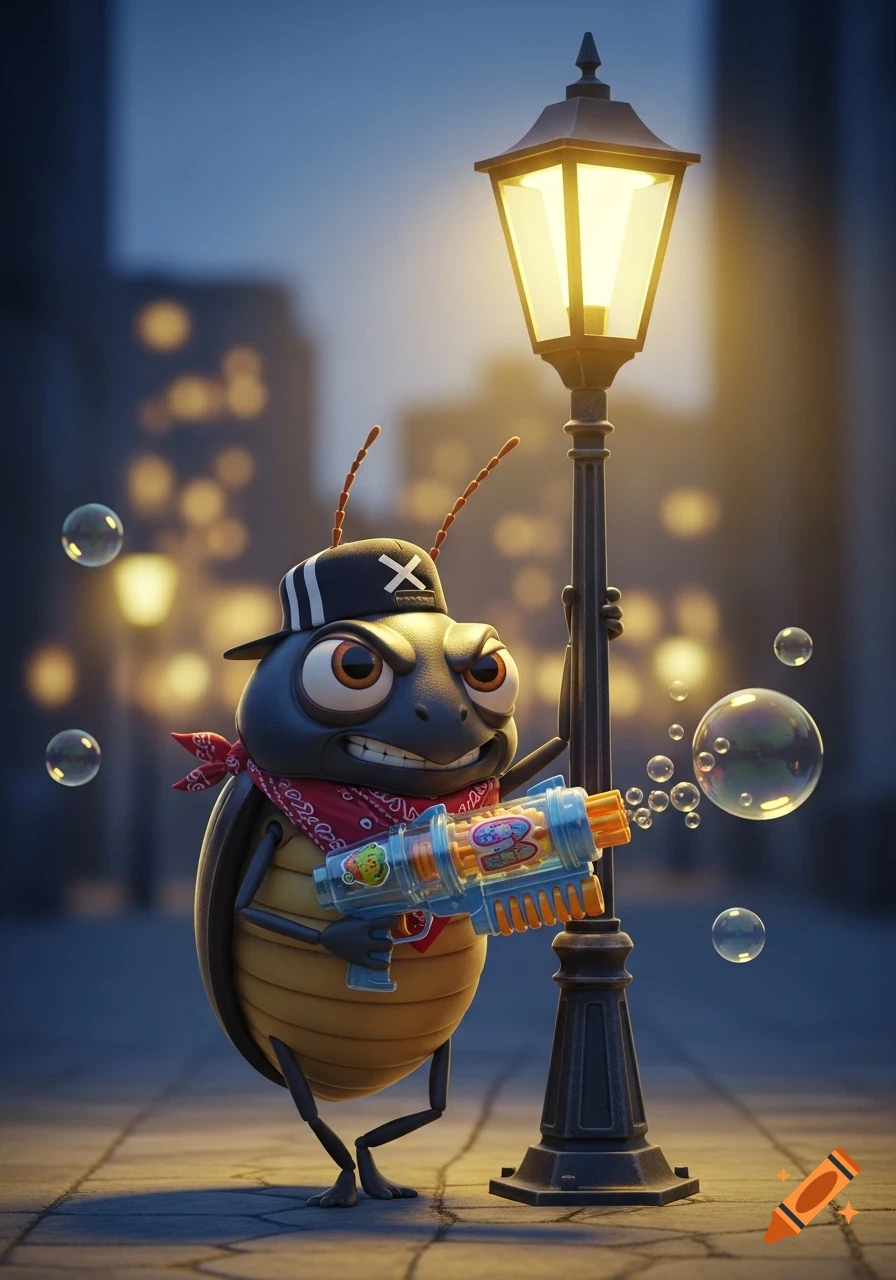 A stylized cartoon beetle with a hat and bandana holds a bubble gun, leaning on a glowing street light at dusk.