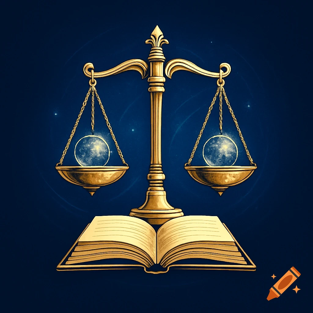 Golden scales of justice balancing glowing celestial orbs, set above an open book on a dark blue background with subtle swirls and stars.