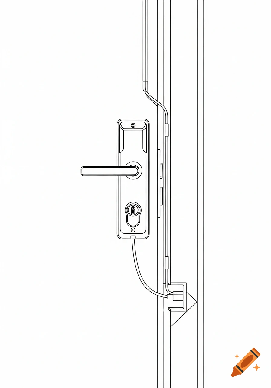 Line drawing of an electric door lock mechanism with cables running from the lock in the door to the frame.