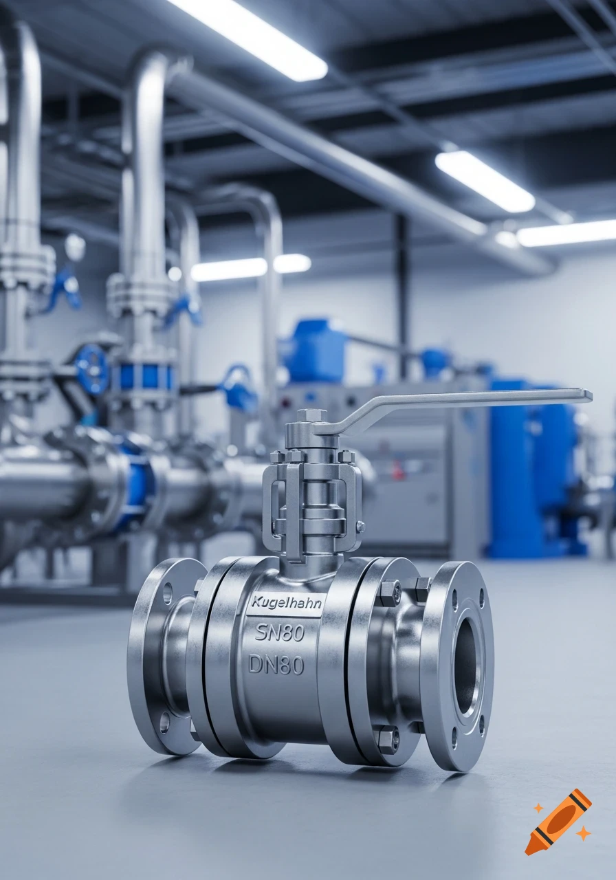 Close-up of a silver industrial ball valve with pipes and machinery in a factory, photorealistic style.