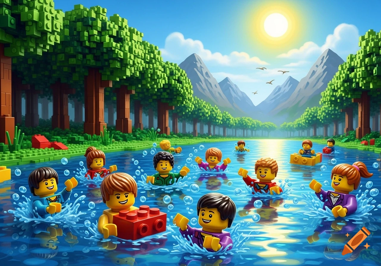 Lego figures swim and play in a river surrounded by blocky trees and mountains under a sunny sky.