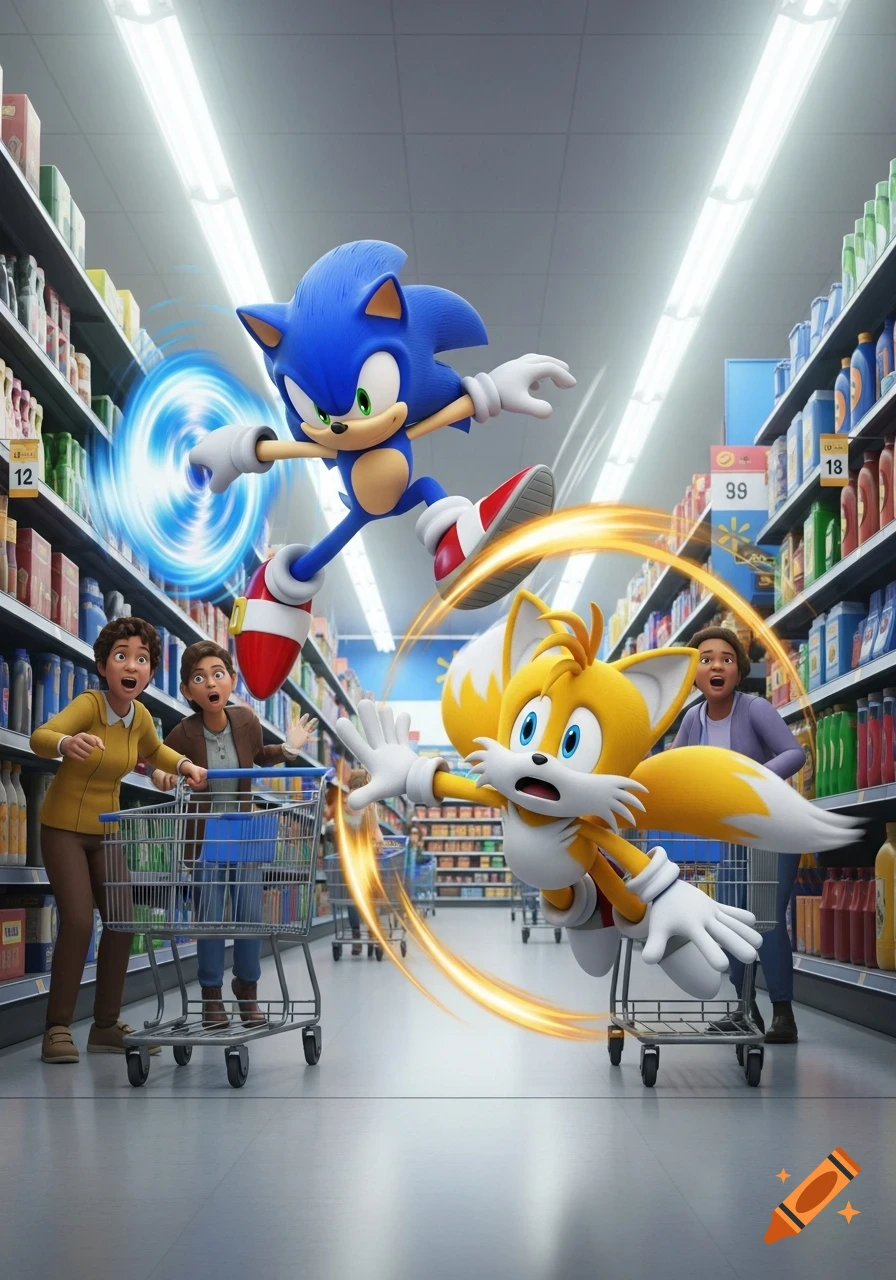 Cartoon characters Sonic the Hedgehog and Tails flying through a supermarket aisle, surprising two shoppers with carts.