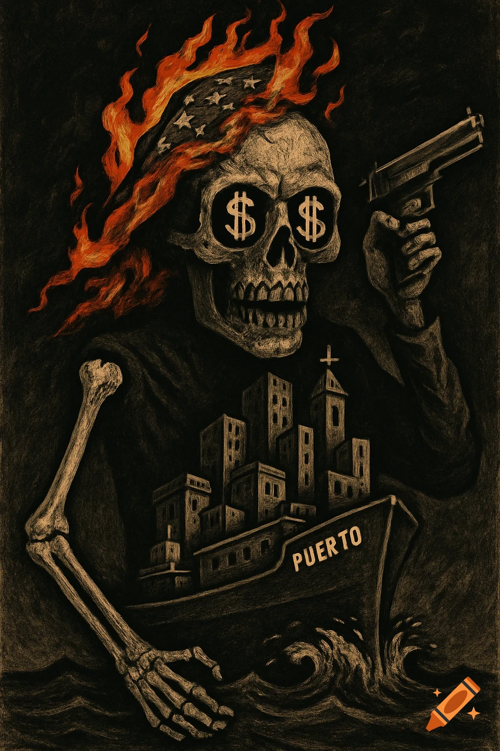 A dark, symbolic illustration of a skull with dollar sign eyes, a burning flag, a gun, and a ship with buildings as its torso.