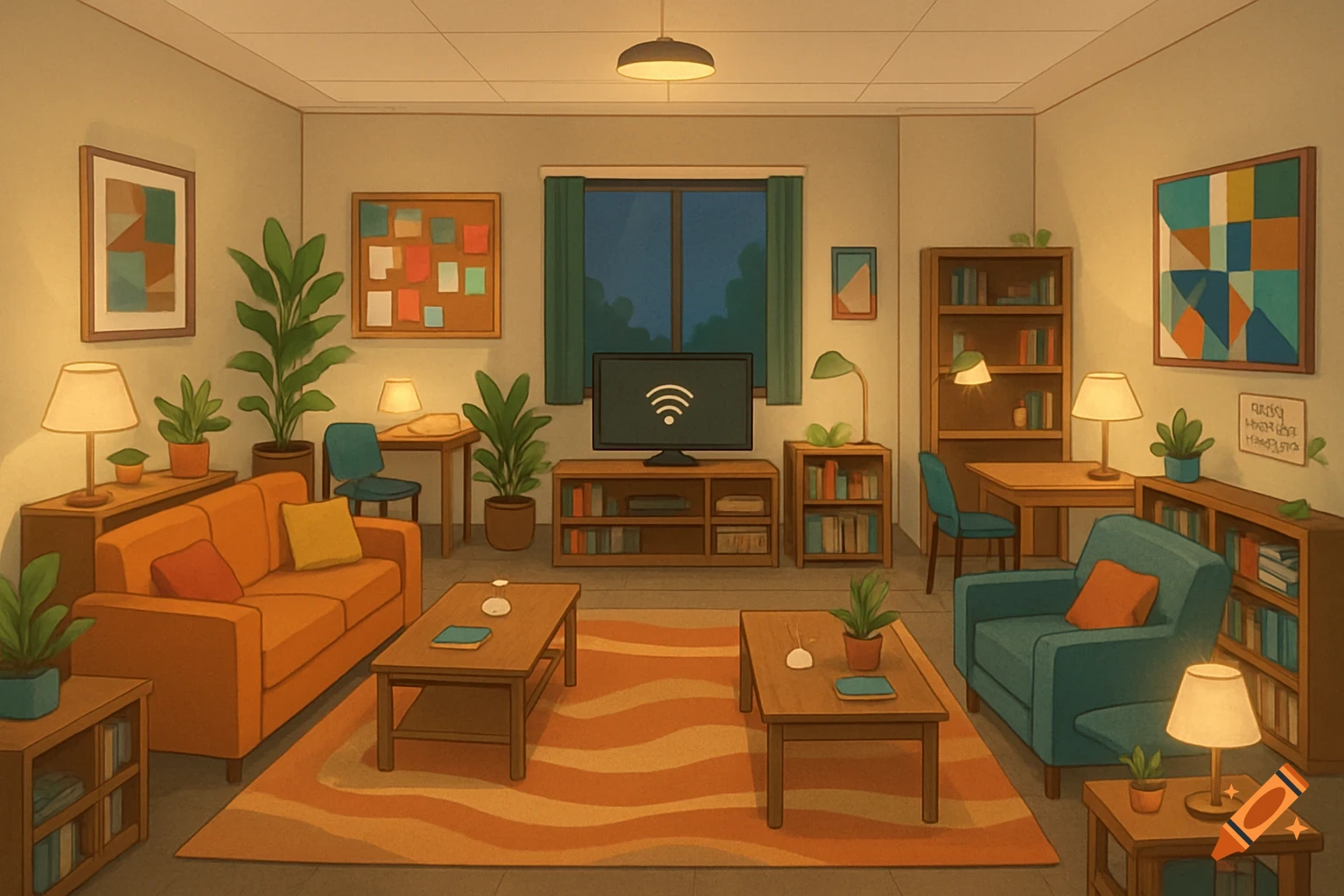 Cozy, brightly lit living room with an orange sofa, blue armchair, plants, bookshelves, and a TV showing a Wi-Fi symbol, in an illustrative style.