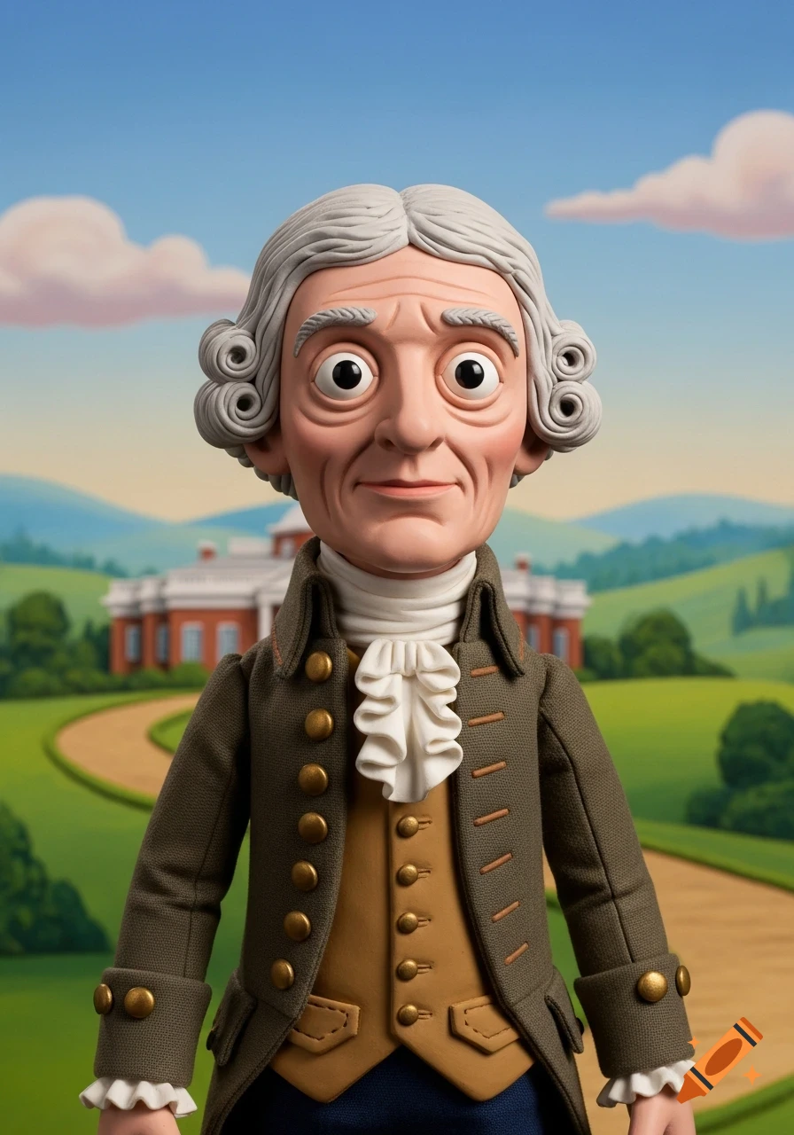 A claymation puppet of Thomas Jefferson, with a white wig and period clothes, stands on a green lawn with a large house in the background.