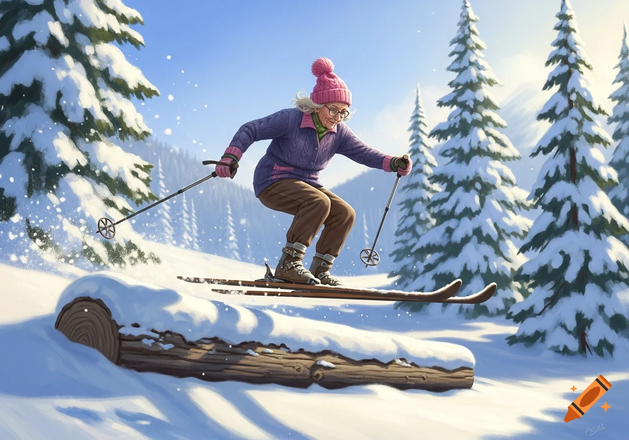 Illustrated old lady skier in a pink hat jumps over a snow-covered log on a sunny, snowy mountain slope with pine trees.