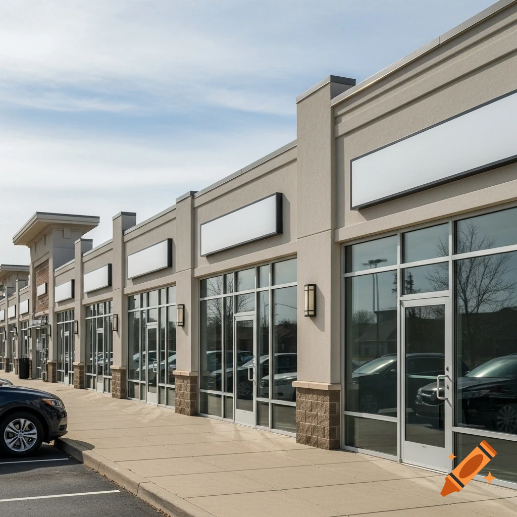 Photorealistic image of a row of modern suburban storefronts with blank signs, large glass windows, and parked cars on a sunny day.
