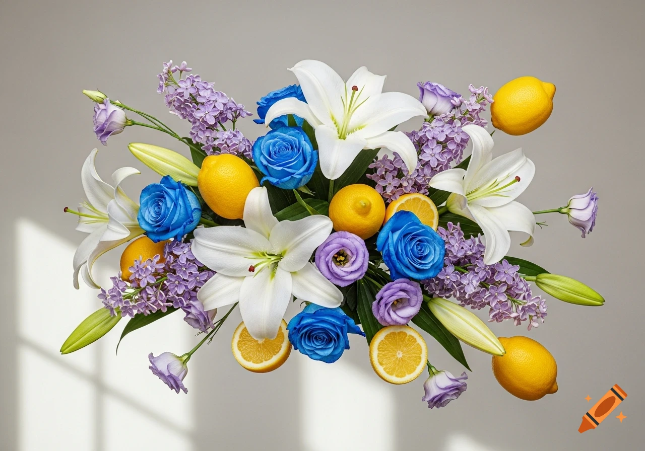 A photorealistic still life of white lilies, blue roses, purple lisianthus, and yellow lemons floating against a light background with window shadows.