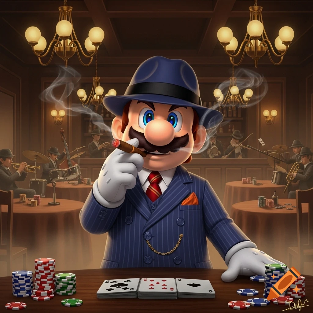 Mario in a blue pinstripe suit and fedora smokes a cigar while playing poker in a dimly lit speakeasy with a jazz band.