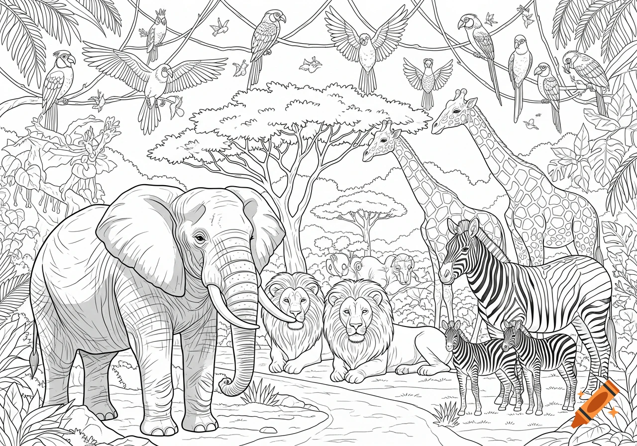 A black and white line art coloring page of an African safari with an elephant, lions, giraffes, zebras, and birds in a jungle setting.