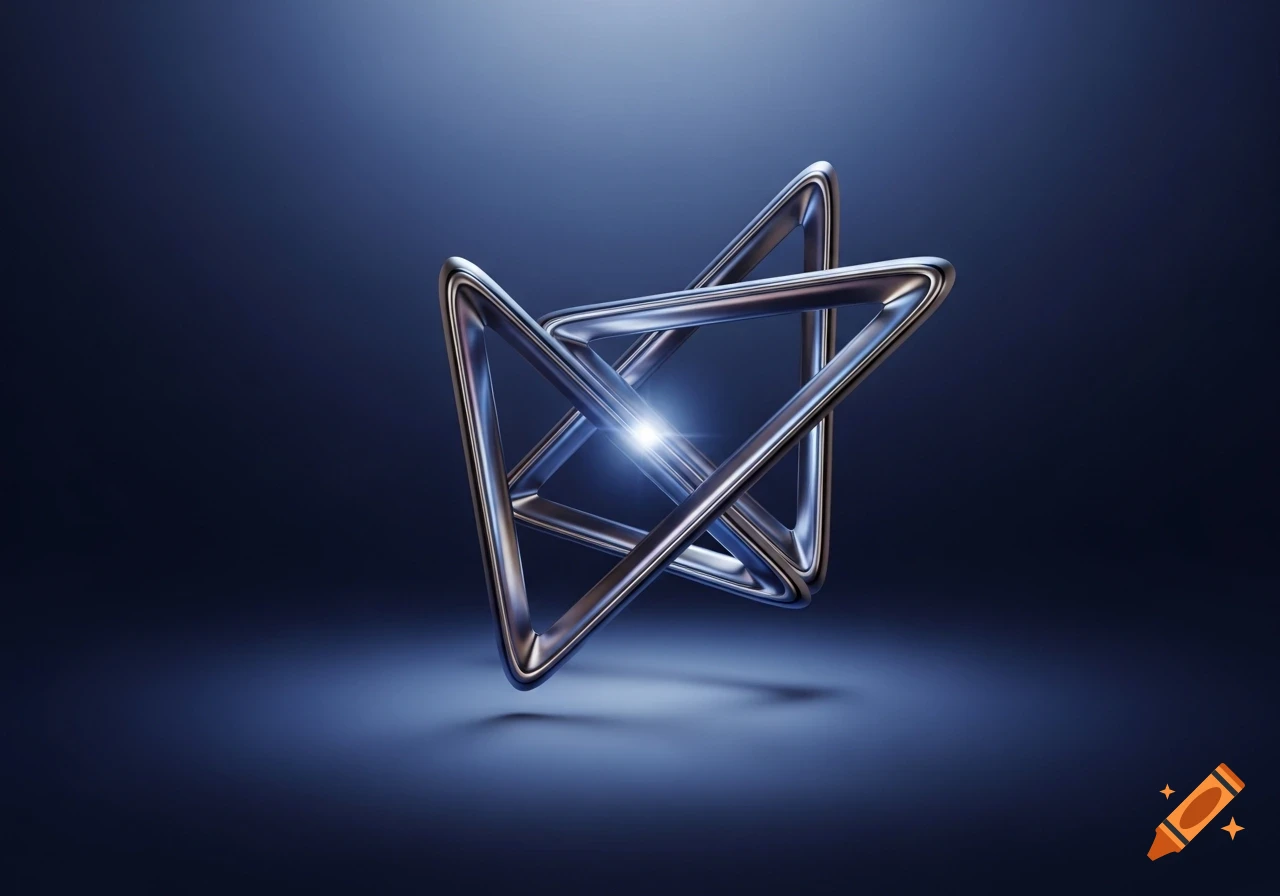 Abstract 3D rendering of intertwined metallic triangular shapes with a central glowing light on a dark blue background.