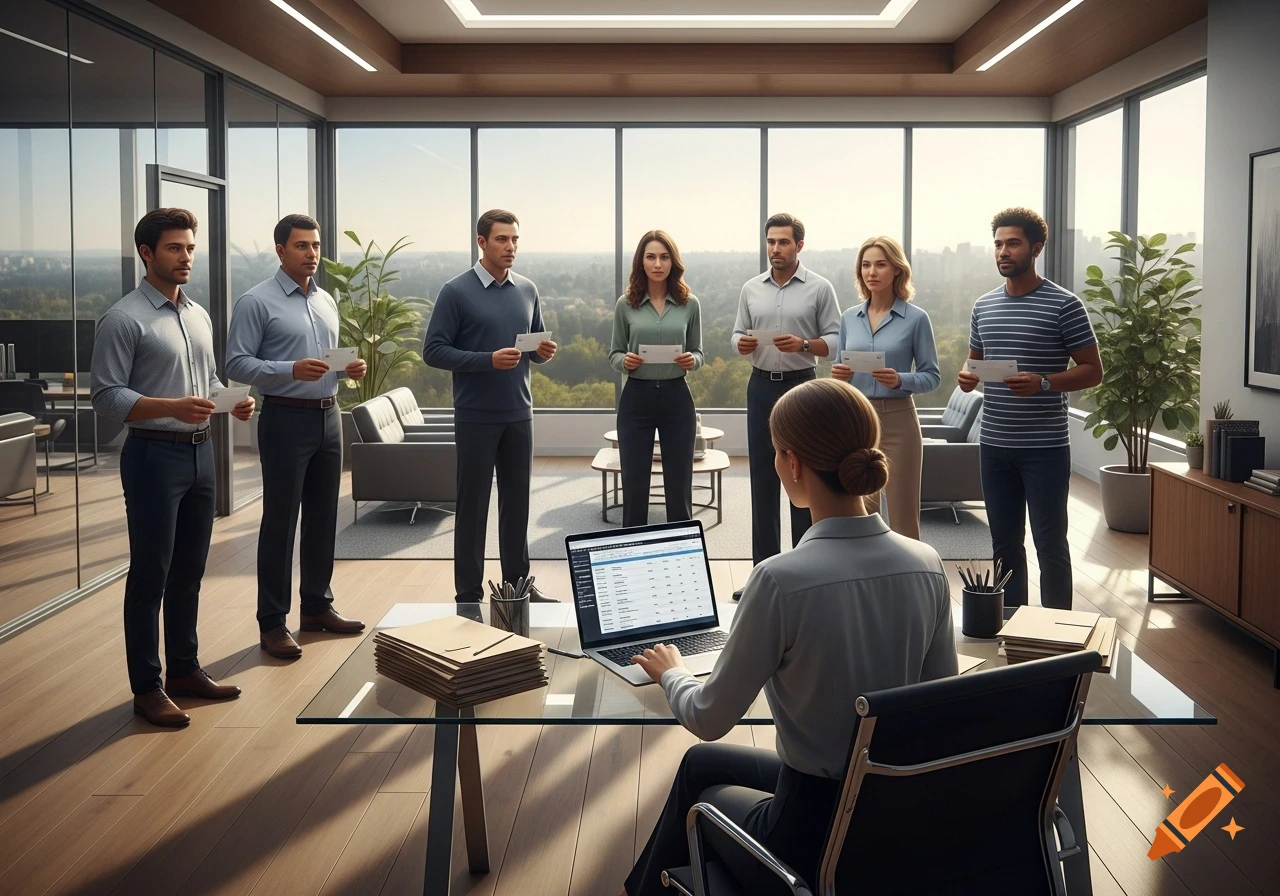 A woman works on a laptop at a glass desk while seven people stand across from her, each holding a white paper, in a modern office with large windows overlooking a city.