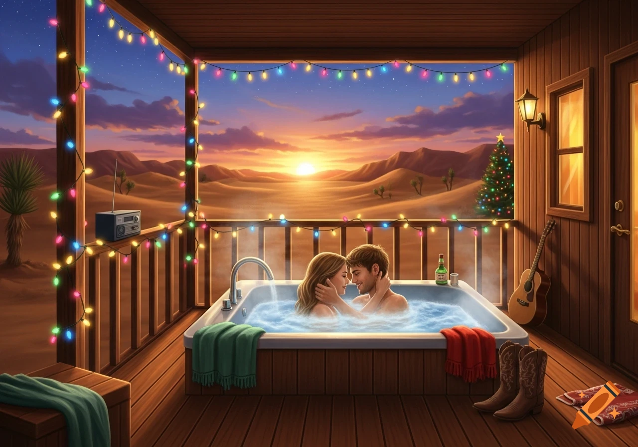 A couple in a hot tub on a Christmas-lit porch overlooks a desert sunset. Cowboy boots and a decorated tree are nearby.