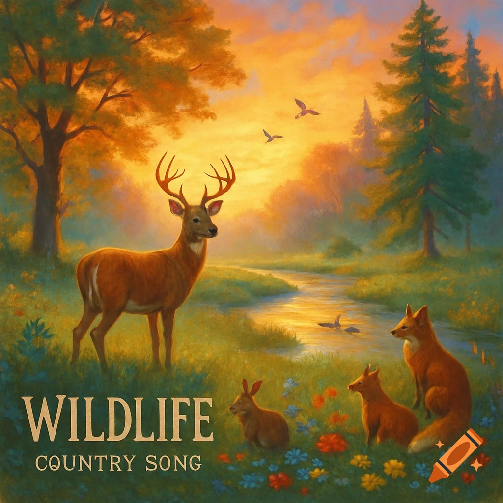 A painted album cover featuring a deer, foxes, and rabbits in a golden sunset landscape, with 'WILDLIFE COUNTRY SONG' text.