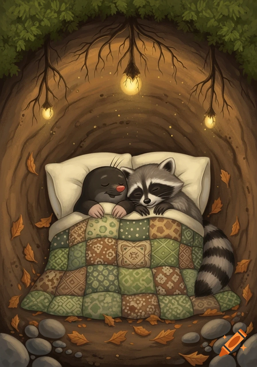 Whimsical illustration of a mole and a raccoon sleeping cozily under a patchwork quilt in an illuminated underground burrow.