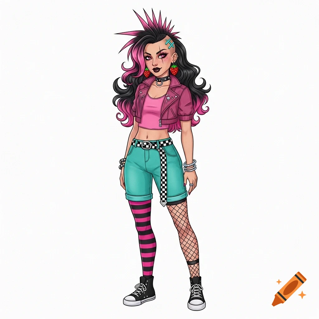 Full-body illustration of a punk woman with pink and black hair, a pink crop top, jacket, turquoise shorts, mismatched stockings, and strawberry earrings.