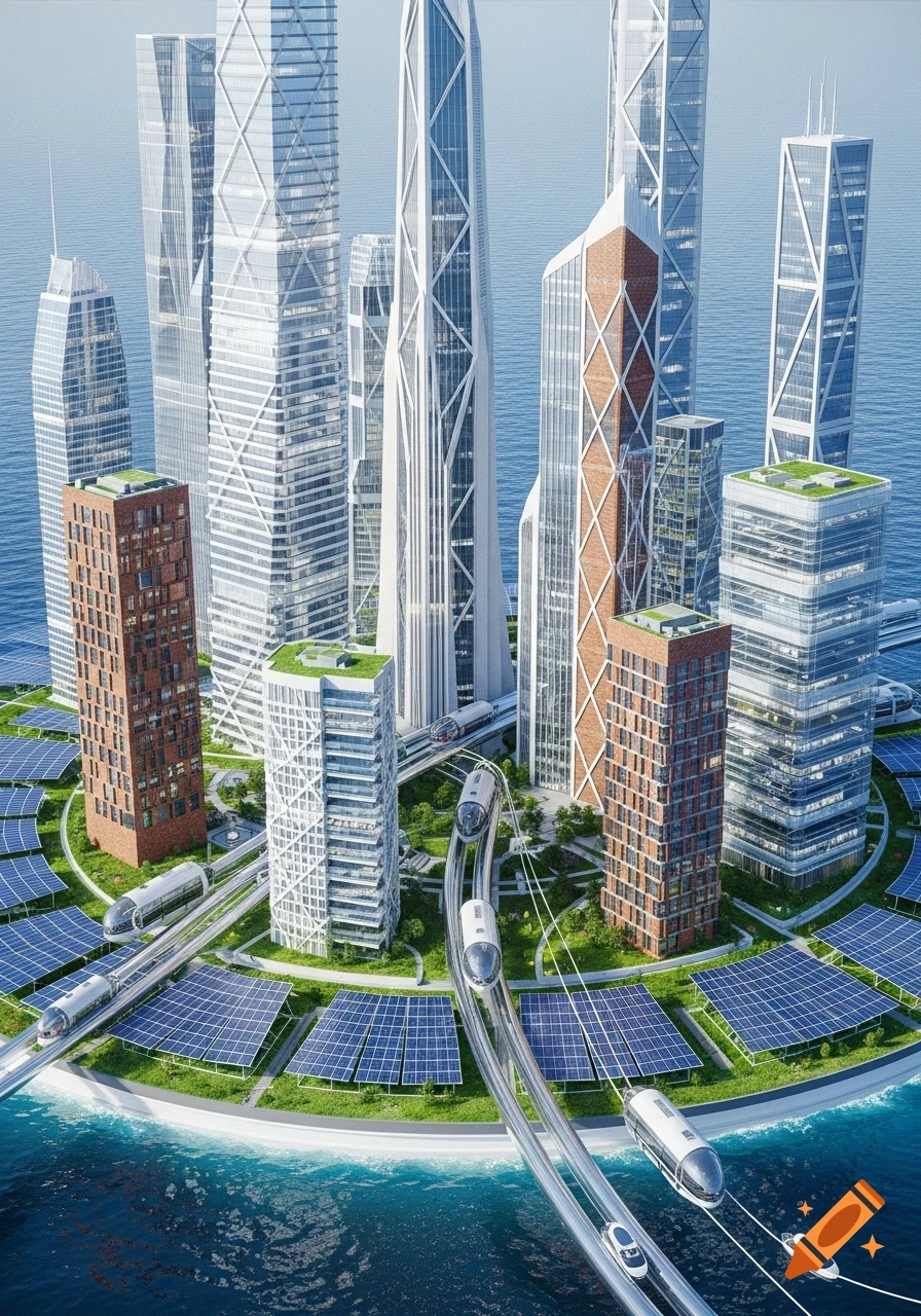 Aerial view of a futuristic city built on water with tall modern buildings, a monorail transport system, and large solar panel arrays.