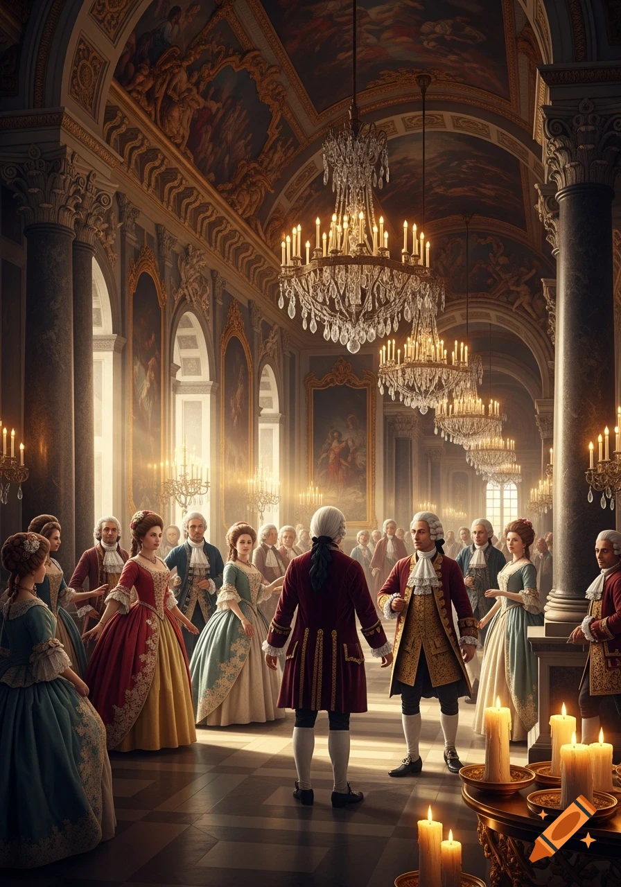 Grand baroque palace ballroom filled with elegantly dressed people, illuminated by numerous chandeliers and candles, in a dramatic, opulent style.