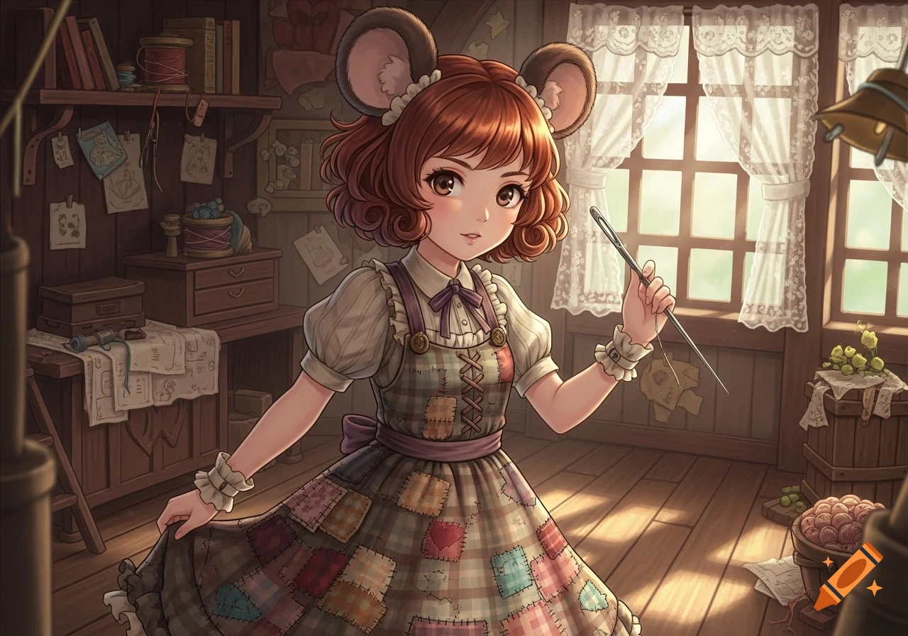 An anime girl with mouse ears, brown curly hair, and a patched dress, holding a sewing needle in a rustic room.