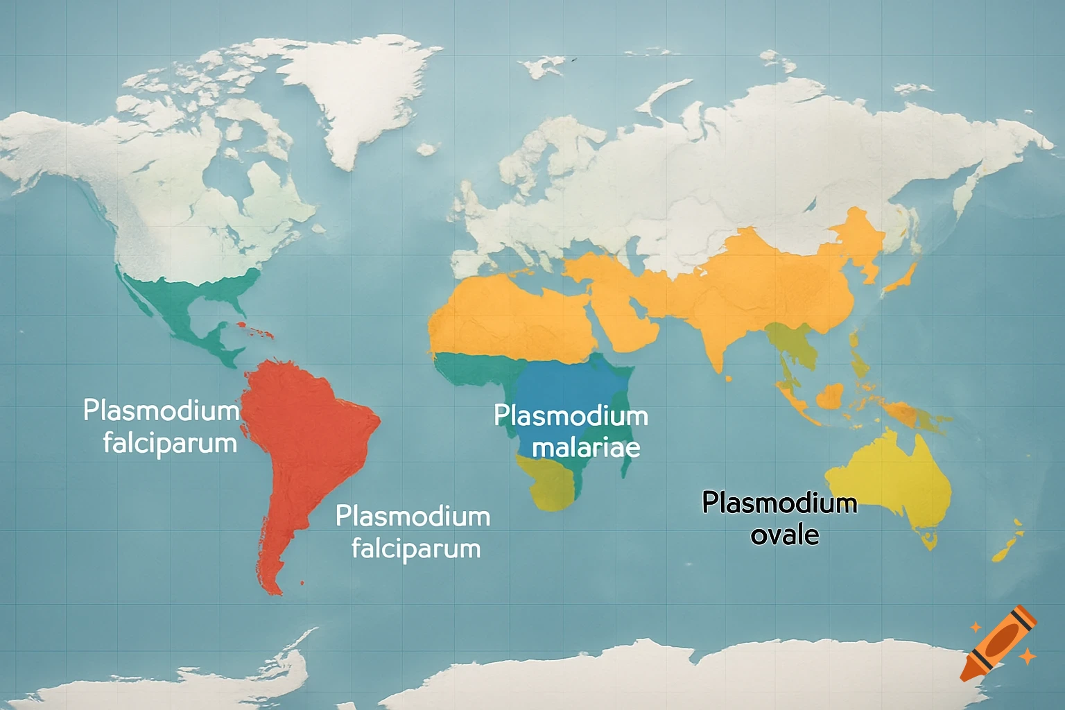 A colorful world map illustrating the geographical distribution of Plasmodium falciparum, malariae, and ovale.