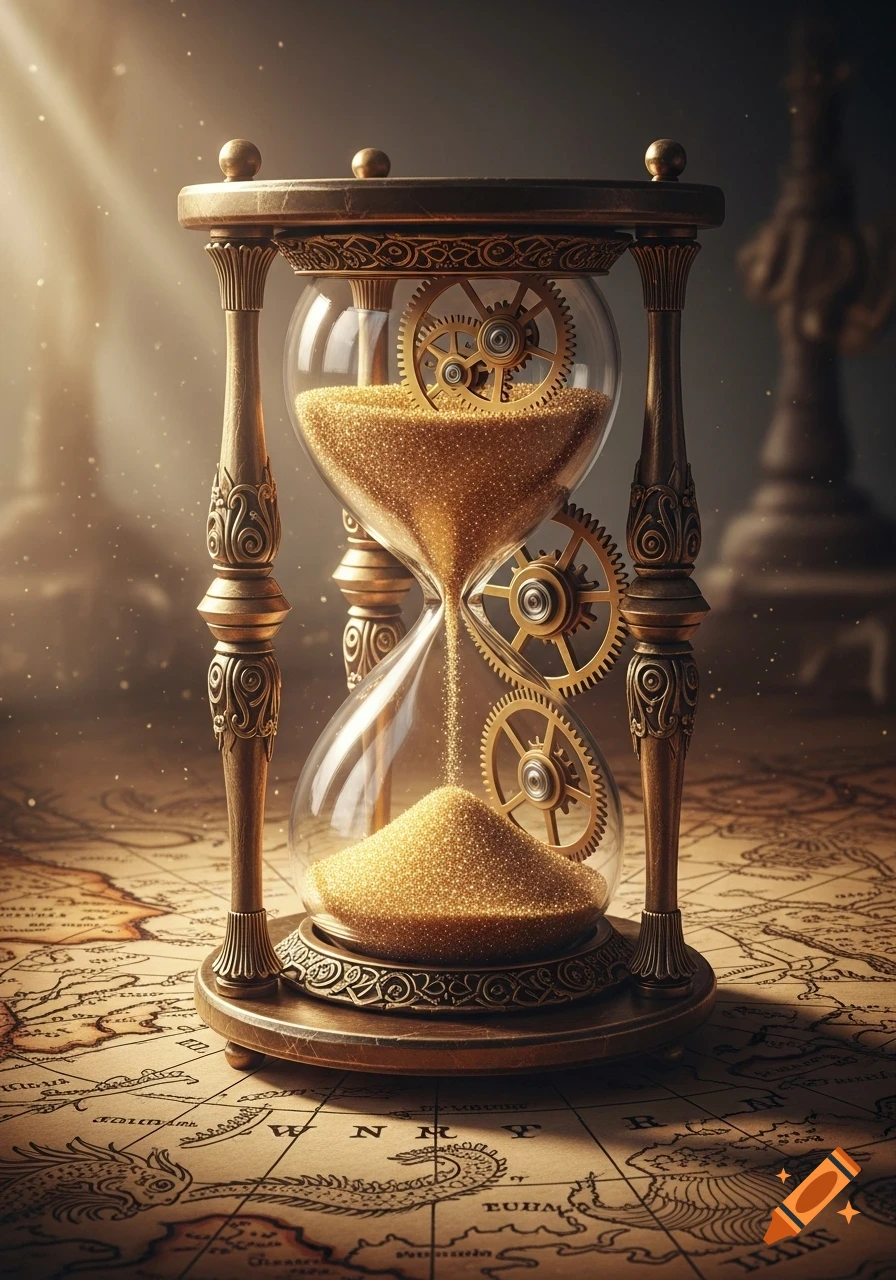 Ornate brass hourglass with internal gears, sands of time flowing onto an antique world map, photorealistic.