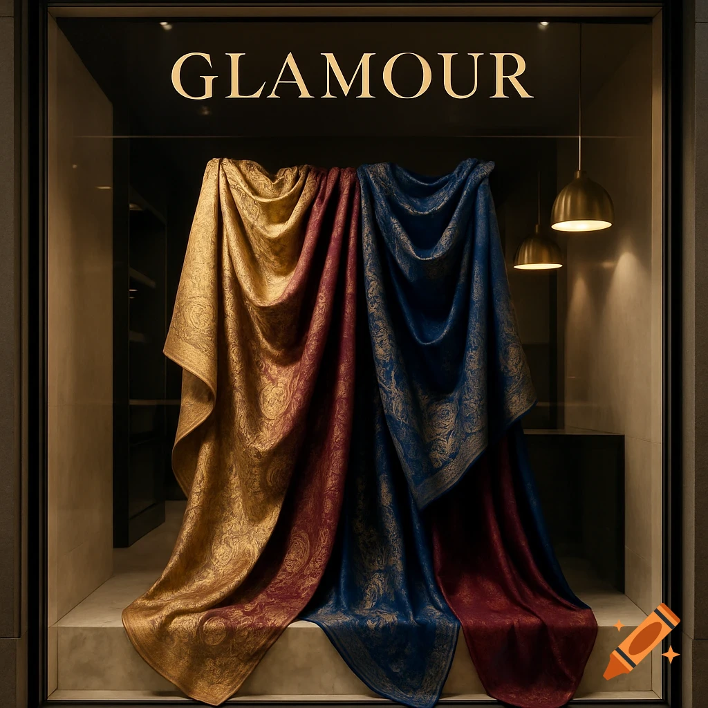 A store window display features elegantly draped gold, red, and blue patterned fabrics under the word GLAMOUR.