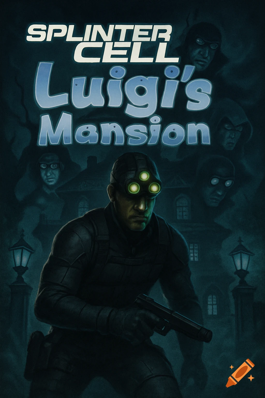 Video game cover art for 'SPLINTER CELL Luigi's Mansion' featuring Sam Fisher with night vision goggles and a pistol, in front of a haunted mansion with ghost faces.