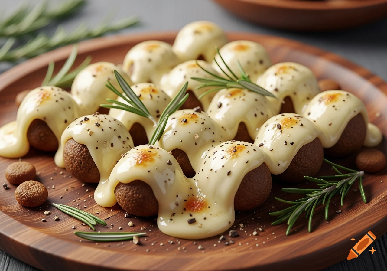 Close-up of small, round food items (like meatballs or kibbles) covered in melted raclette cheese and garnished with rosemary on a wooden platter.