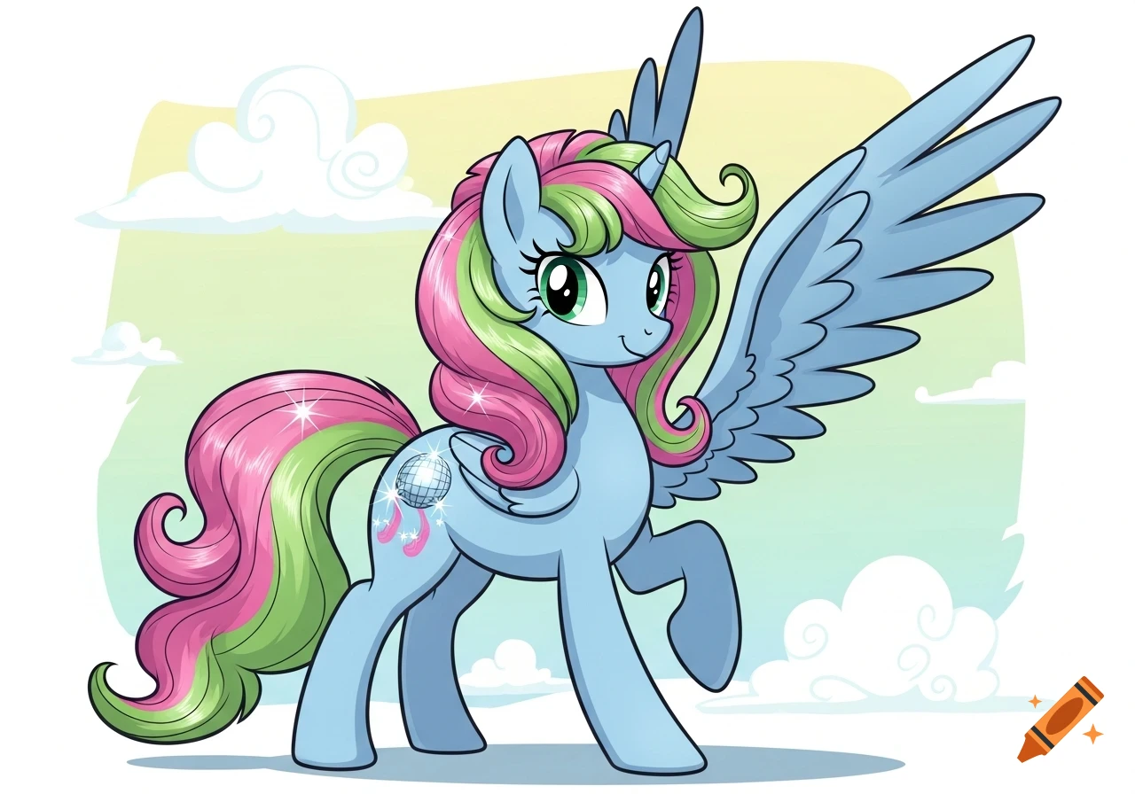 A cheerful light blue pegasus pony with a pink and green mane and a disco ball cutie mark stands against a cloudy sky.