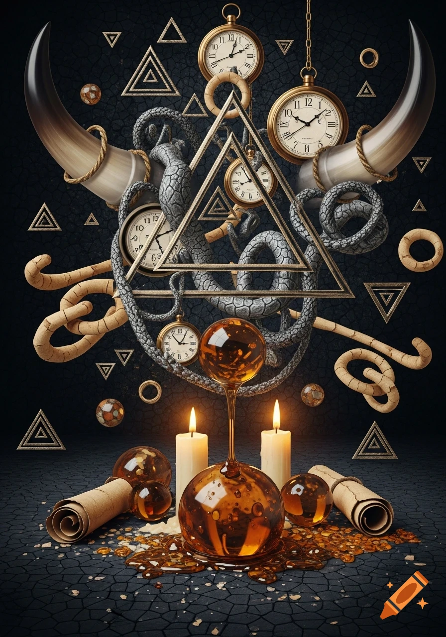 A surreal composition with a central triangular frame, encircled by snakes, surrounded by floating pocket watches and triangles, above candles, dripping amber spheres, and rolled parchments.