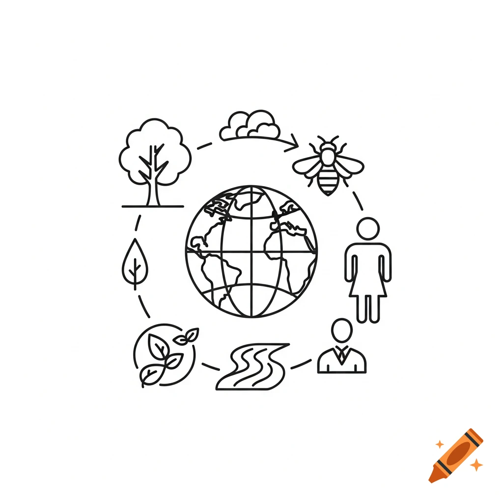 Line art icons in a circle around a globe representing ecology, with a tree, leaf, bee, clouds, river, and human figures.