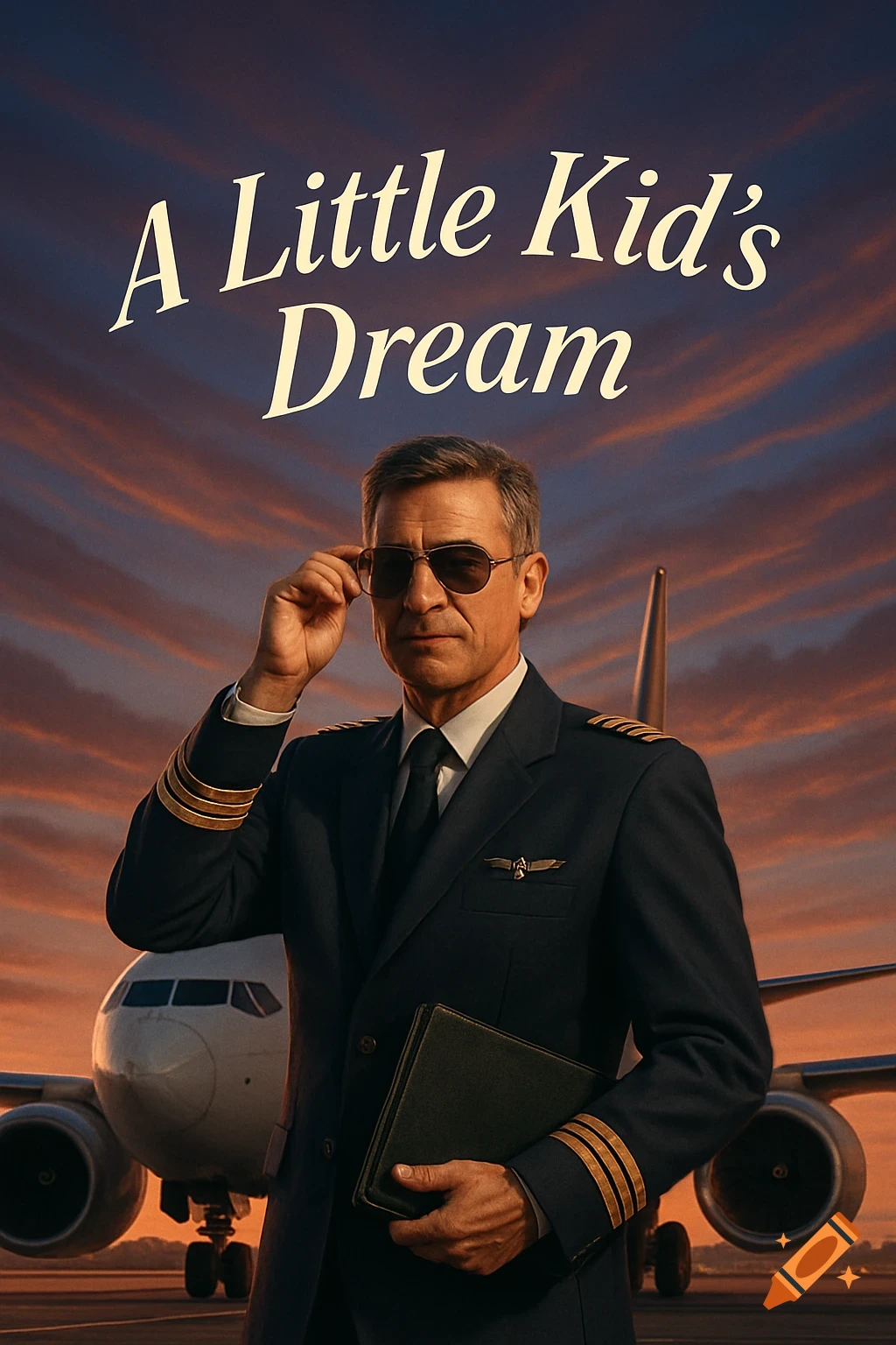A photorealistic image of a pilot in uniform adjusting his sunglasses in front of an airplane at sunset. Text: 'A Little Kid's Dream'.