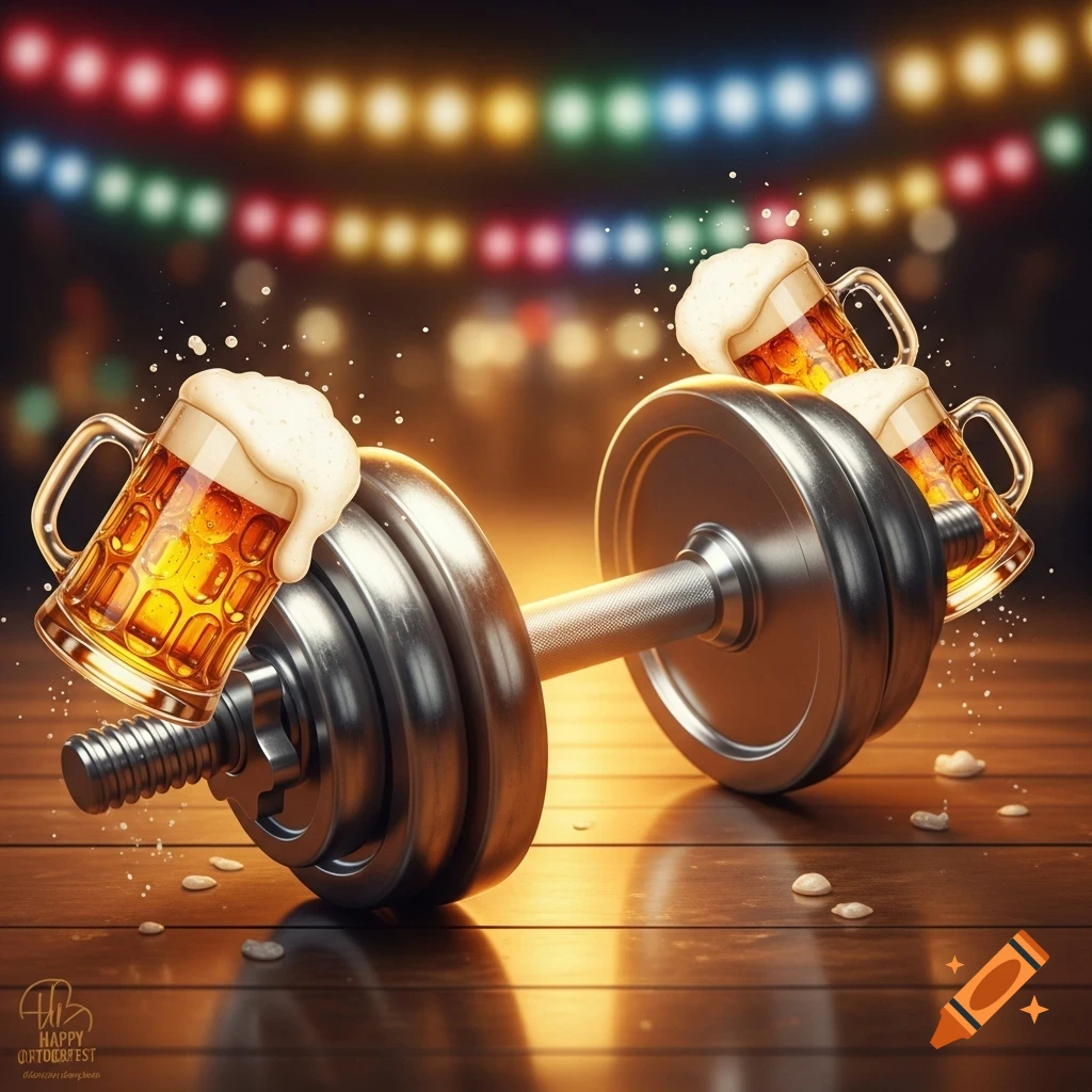 A shiny dumbbell with beer mugs filled with frothy beer as weights, sitting on a wooden surface. Festive string lights blur in the background.