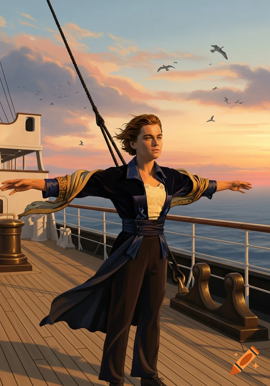 An illustrated man resembling Jack from Titanic stands on a ship's deck with arms outstretched at sunset.