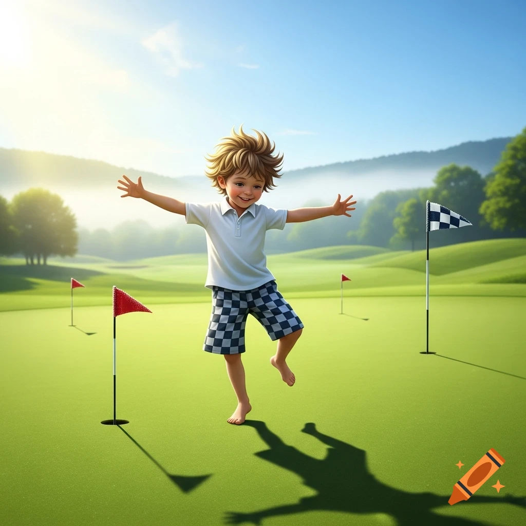 A smiling cartoon boy with spiky hair jumps happily on a green golf course with flags under a sunny sky.