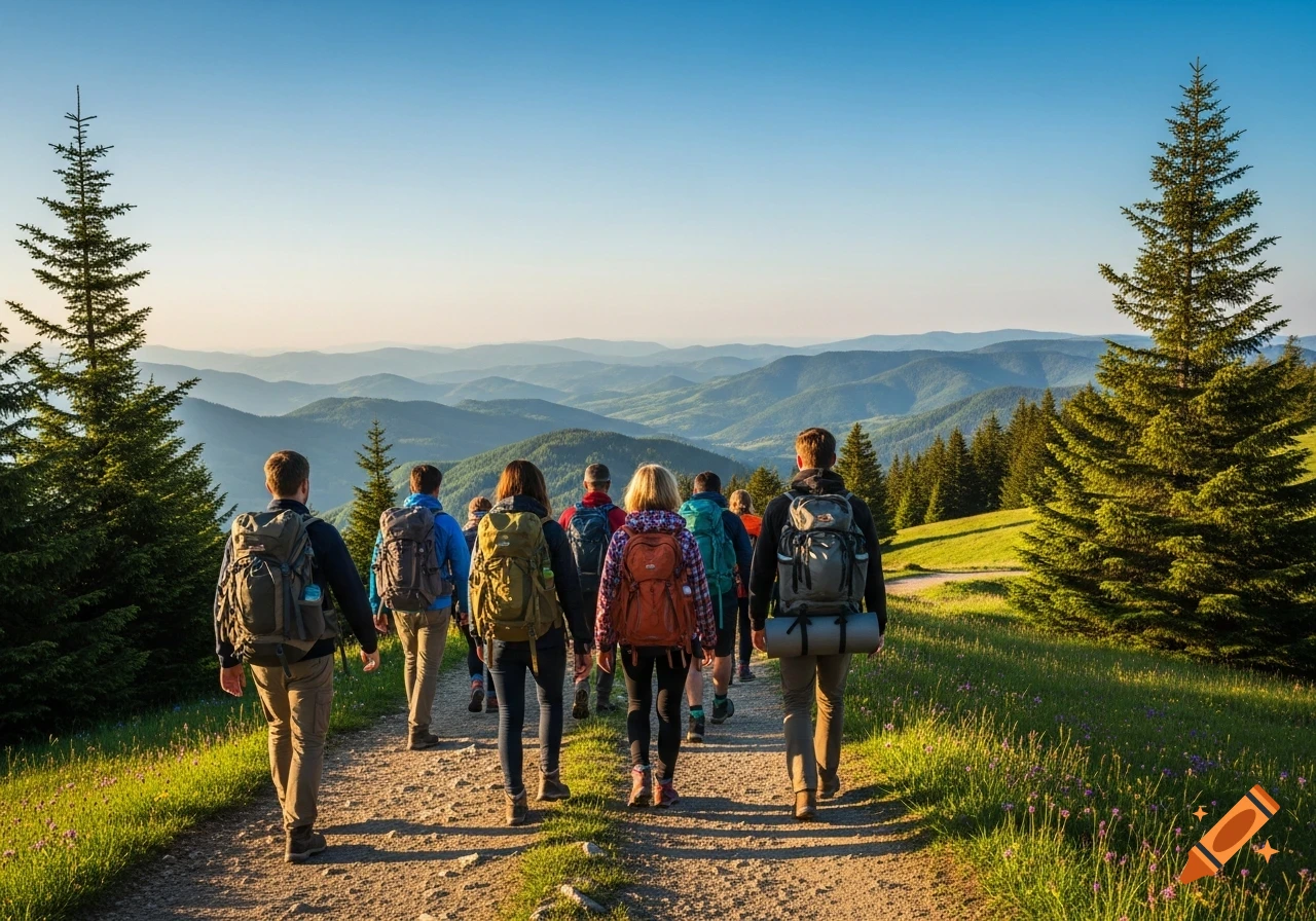 A group of hikers with backpacks walking on a dirt trail towards distant mountains under a clear sky.
