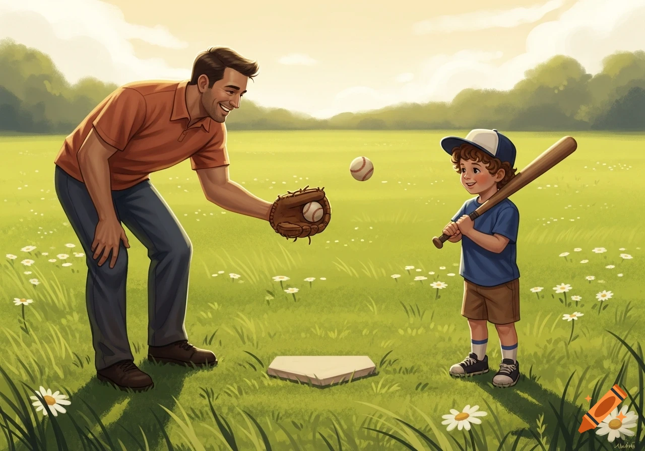 An illustration of a father in an orange shirt and a son in a blue shirt playing baseball in a sunny grassy field.