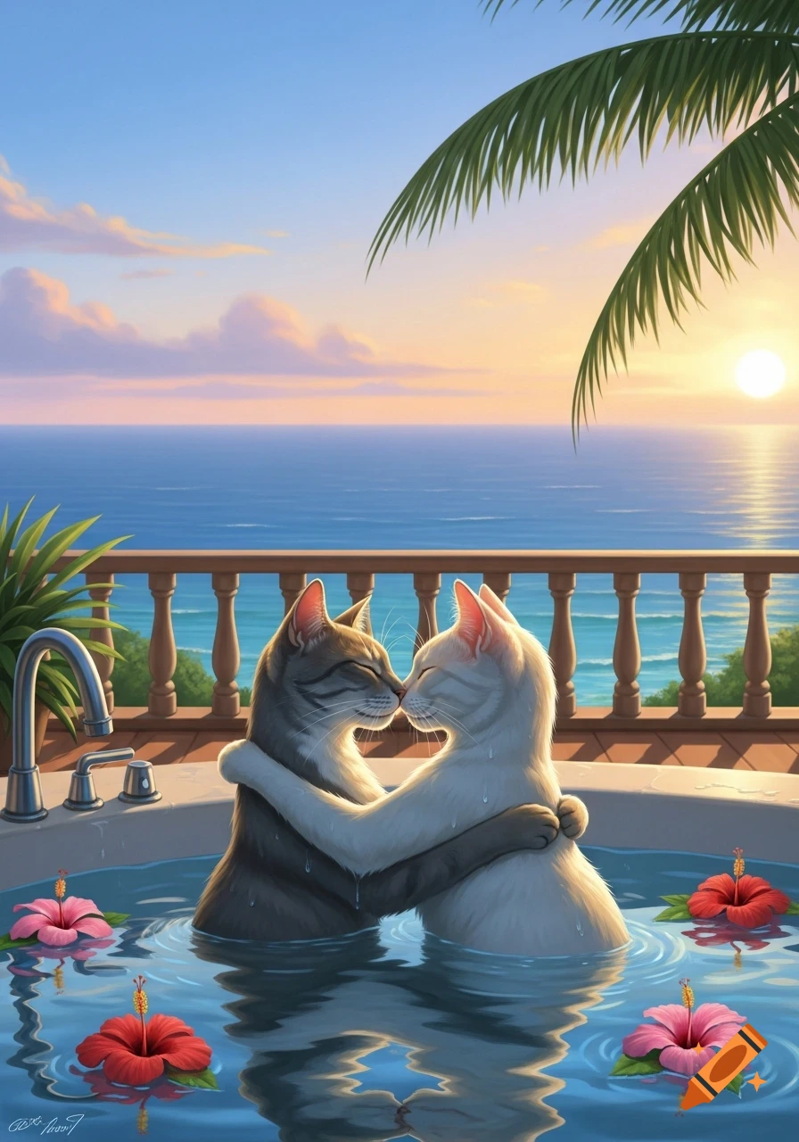 Two cats embrace in a jacuzzi overlooking a sunset sea, with hibiscus flowers floating in the water. Digital art.