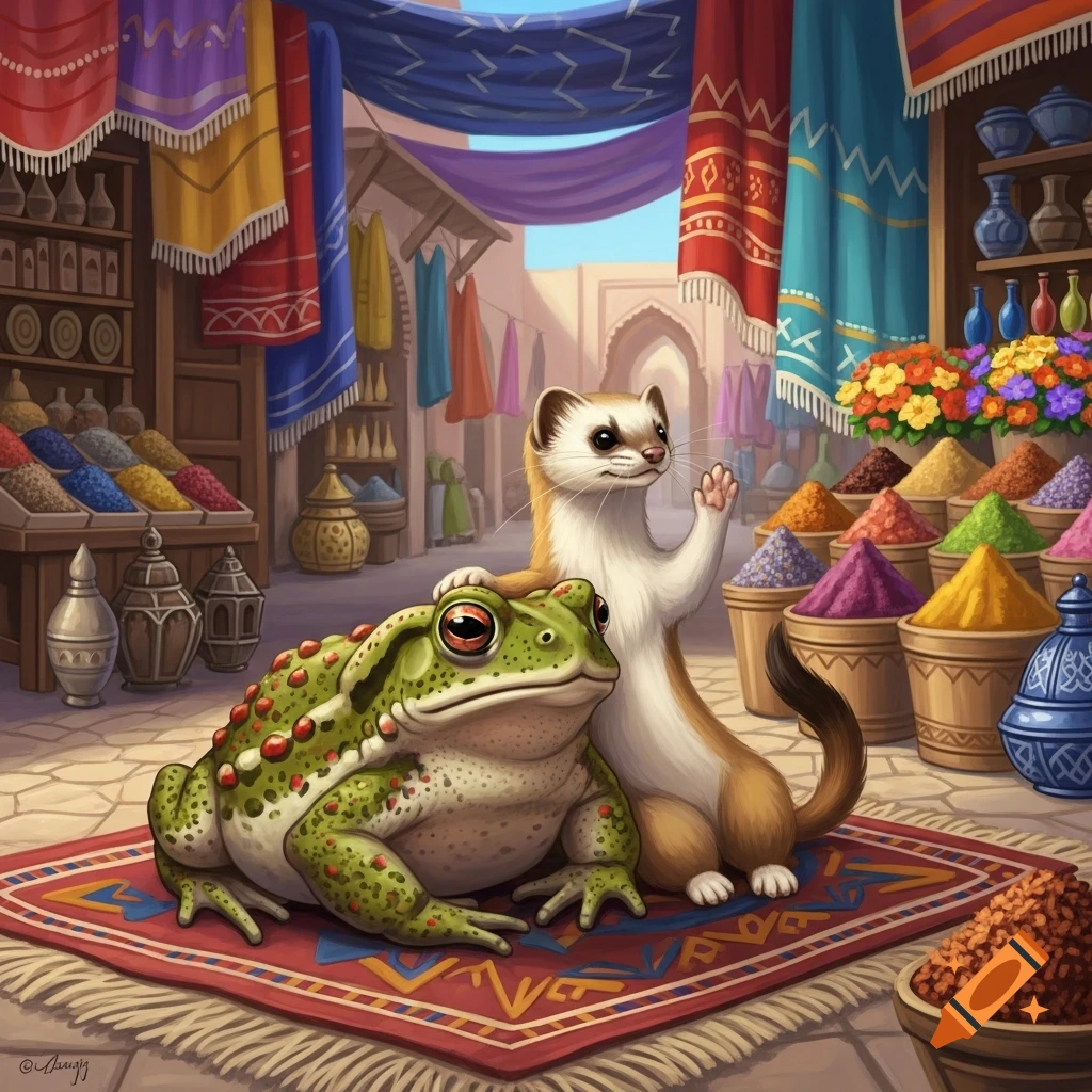 An illustration of a cute weasel with its paw on a large toad's head, sitting on a rug in a vibrant Moroccan marketplace.