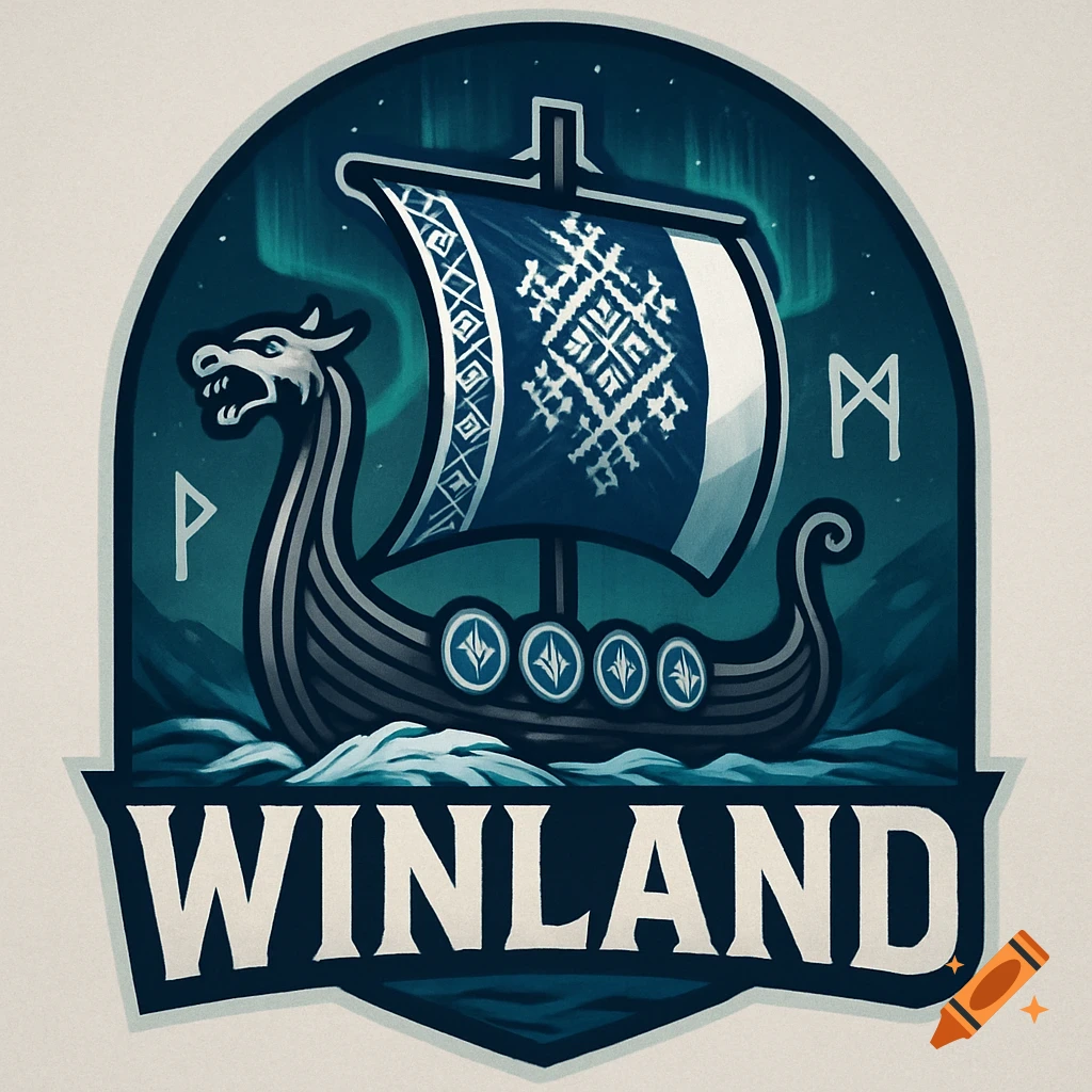 Stylized logo of a Viking longship with a dragon head, patterned sail, and northern lights in the background, with the word WINLAND below.
