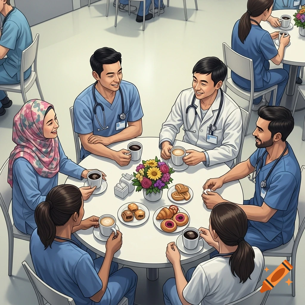 Healthcare professionals in scrubs and a lab coat sit around a table enjoying coffee and pastries during a break, depicted in an illustrated style.