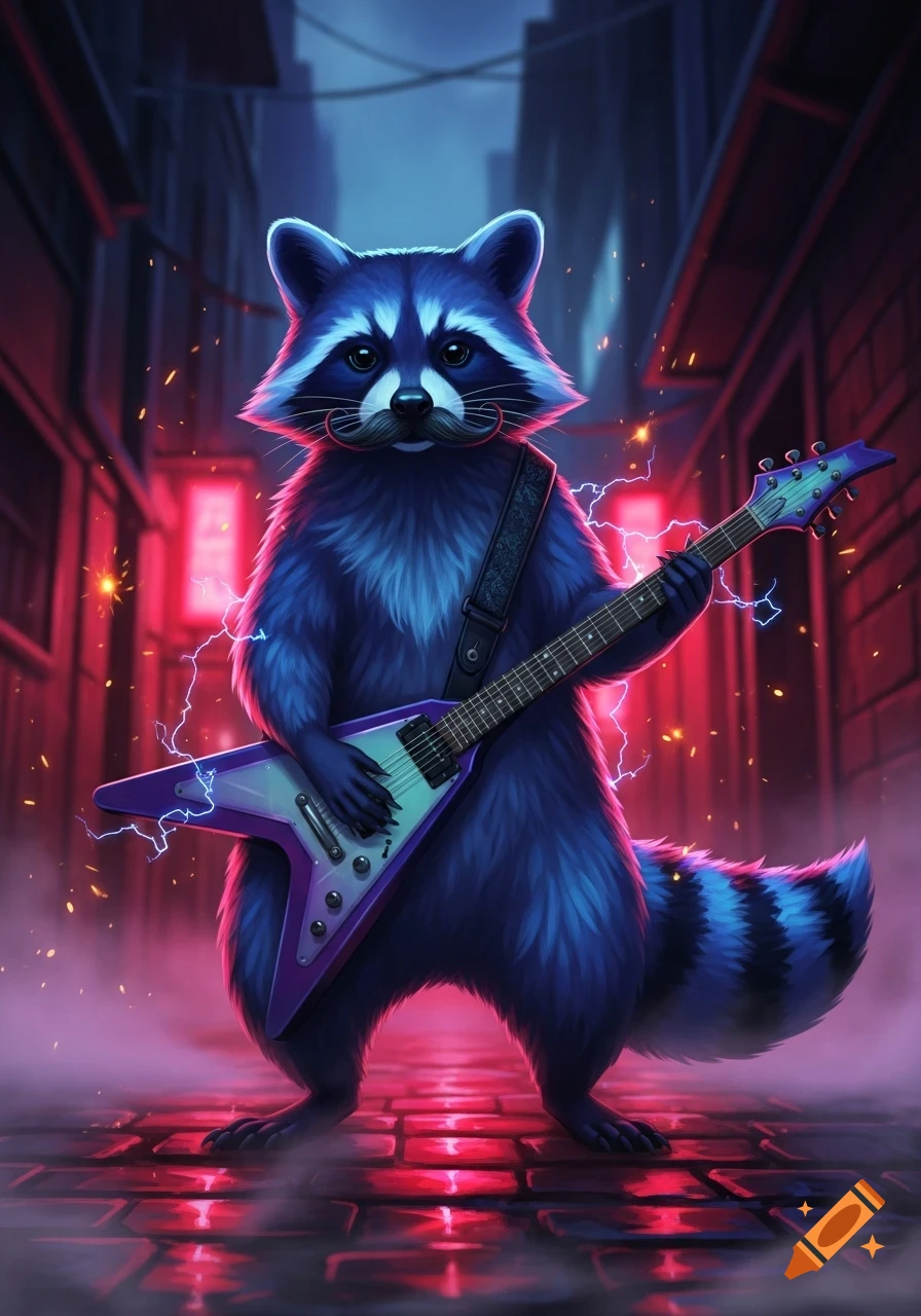 A blue raccoon with a mustache plays a V-shaped electric guitar in a neon-lit alley, surrounded by lightning.