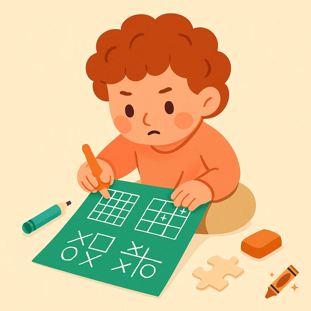 A cute cartoon child with red curly hair draws puzzles on a green sheet, next to a pencil and eraser.