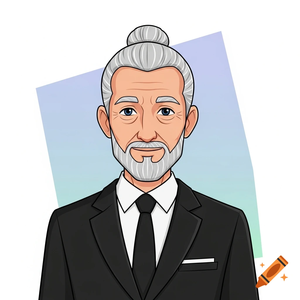 Cartoon avatar of an old man with grey hair in a top bun and a light beard, wearing a black suit and tie.