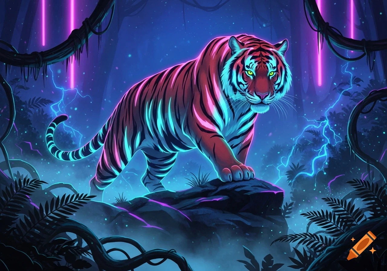 A neon-striped tiger with glowing green eyes stands on a rock in a dark, glowing jungle with purple and blue light.