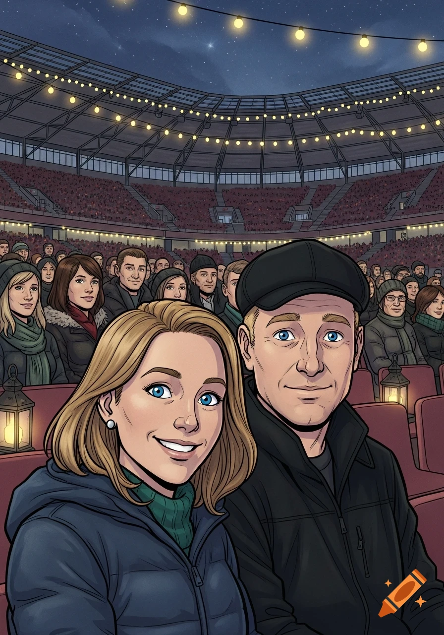A comic illustration of a smiling couple in winter coats at a nighttime stadium event, with string lights and a large crowd in the background.