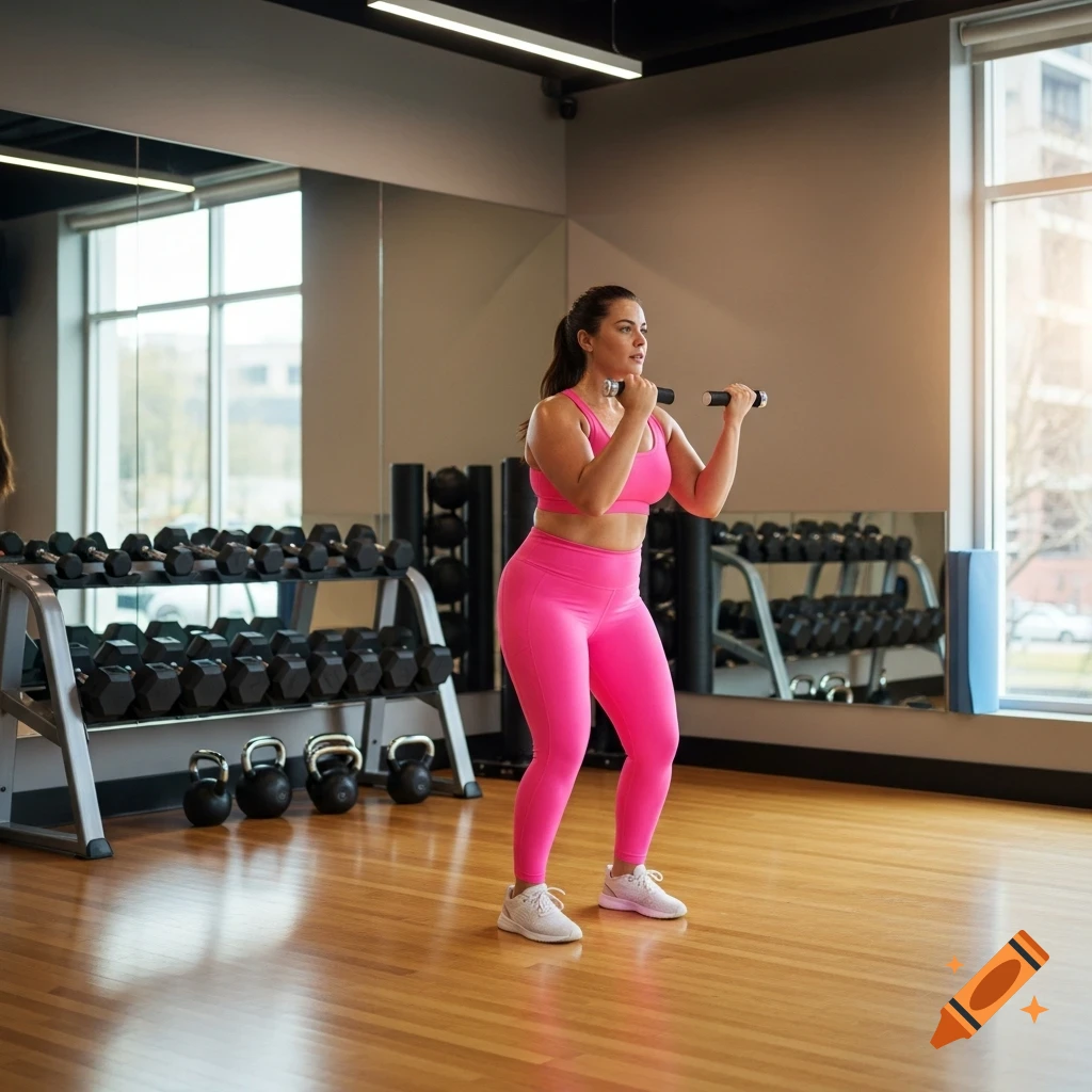 A woman in a pink sports bra and leggings works out with small dumbbells in a modern gym.
