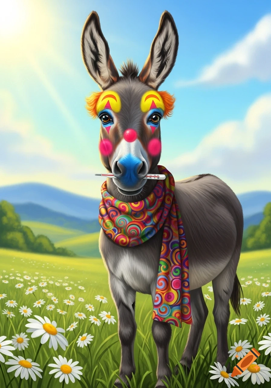 A whimsical donkey with clown makeup and a colorful scarf stands in a field of daisies, holding a thermometer in its mouth.