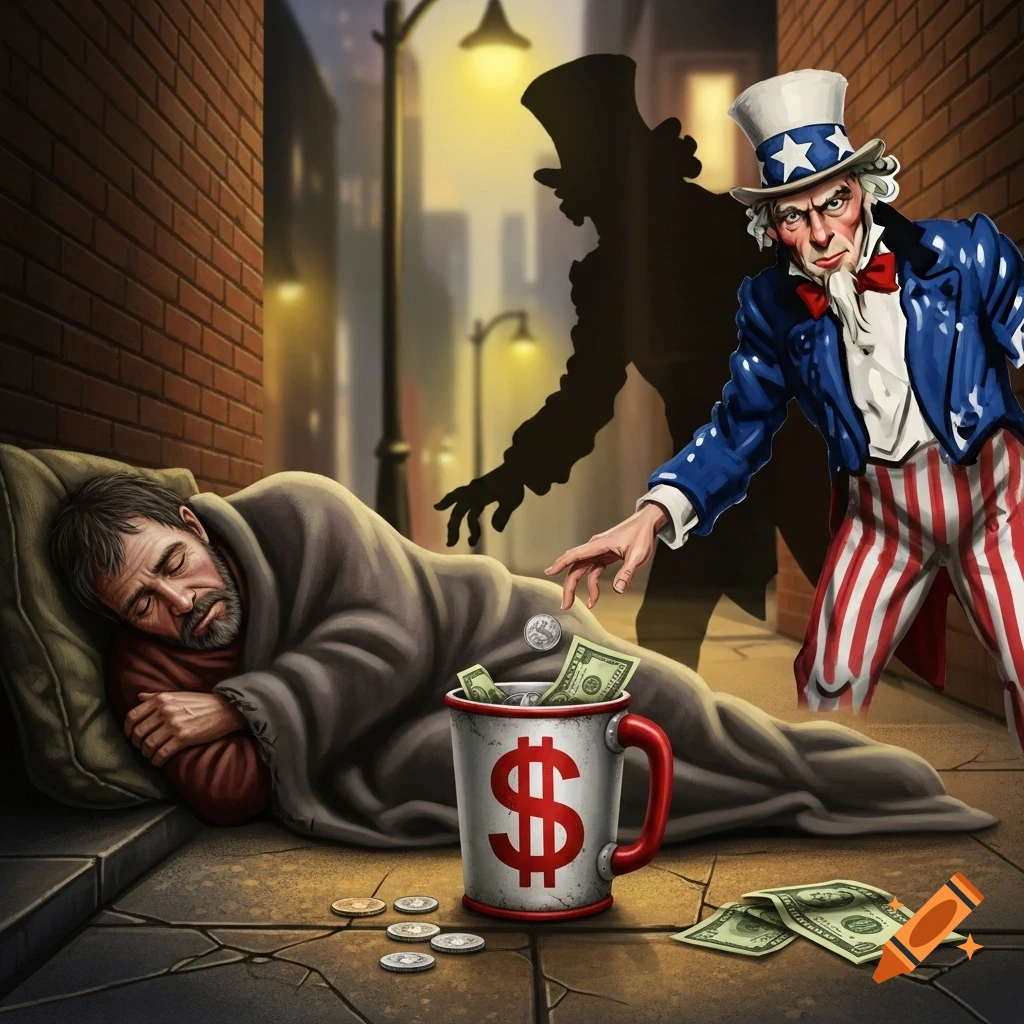 Illustrative depiction of Uncle Sam taking money from a dollar-sign marked cup next to a sleeping homeless man on a city street at night.