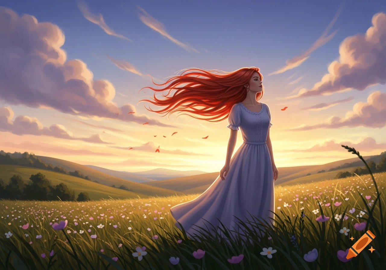 A woman with long red hair blowing in the wind stands in a wildflower ...